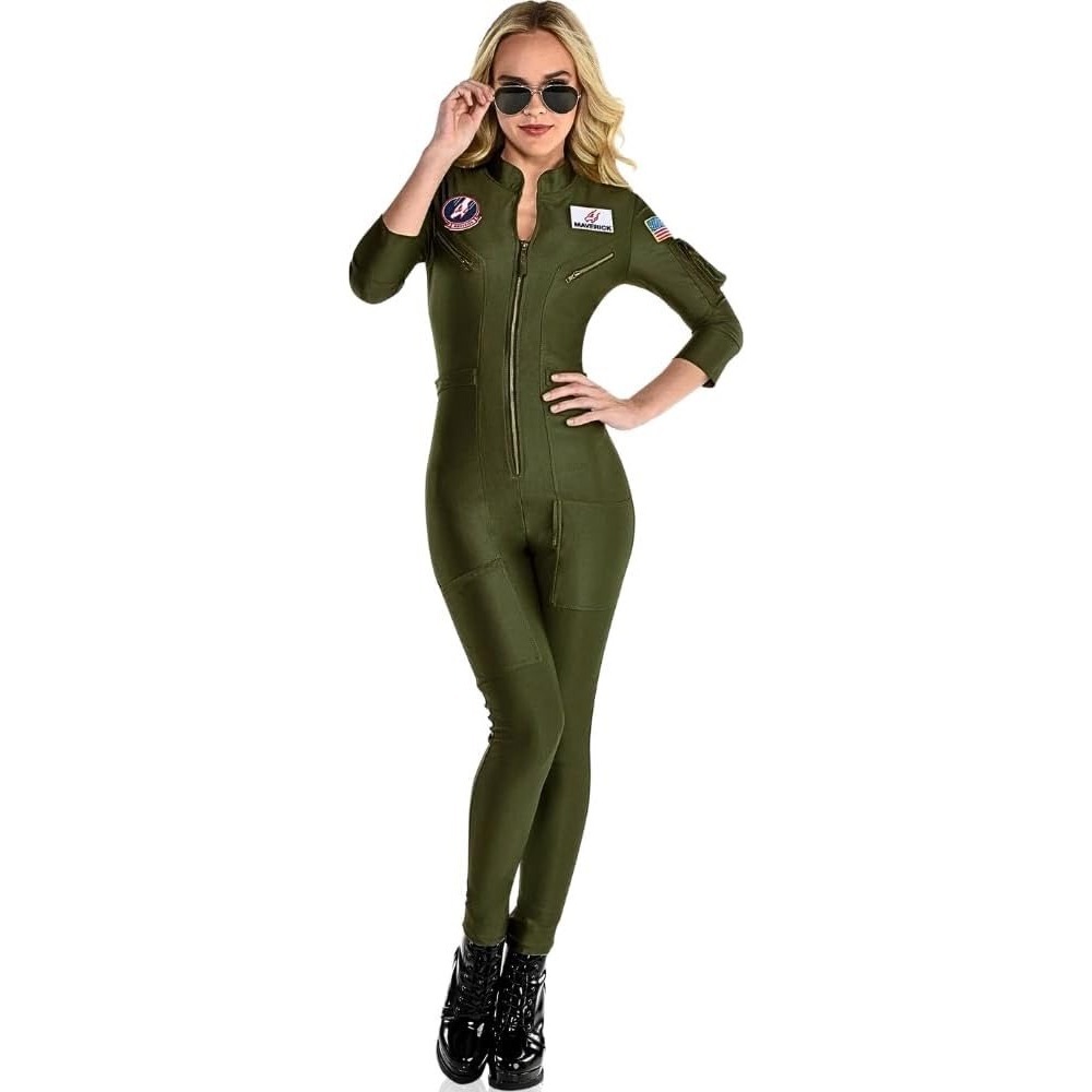 Top Gun Maverick Flight Suit Costume Womens XL 14-16 Olive Green 5pc Set #524